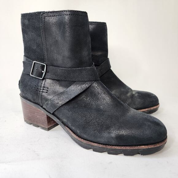Sorel Cate Buckle Boots Size 8.5 Black Leather Leather Waterproof Block Heel - Picture 1 of 8